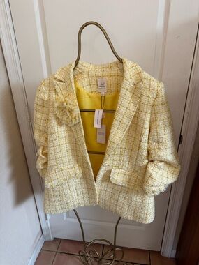 Cinq a’ Sept Yellow and Cream Tweed Pattern Blazer
